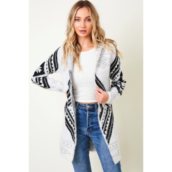 Fuzzy Soft Knit Hooded Long Sleeve Aztec Tribal Native Western Cardigan Sweater - Picture 3 of 10